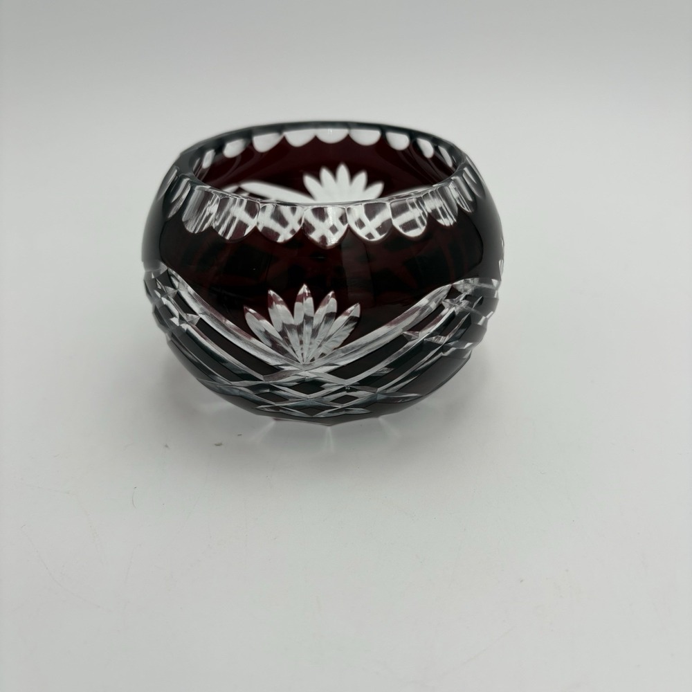Bohemian Crystal Cut Clear Red Cranberry  Votive‎ / Small Flower Design Bowl